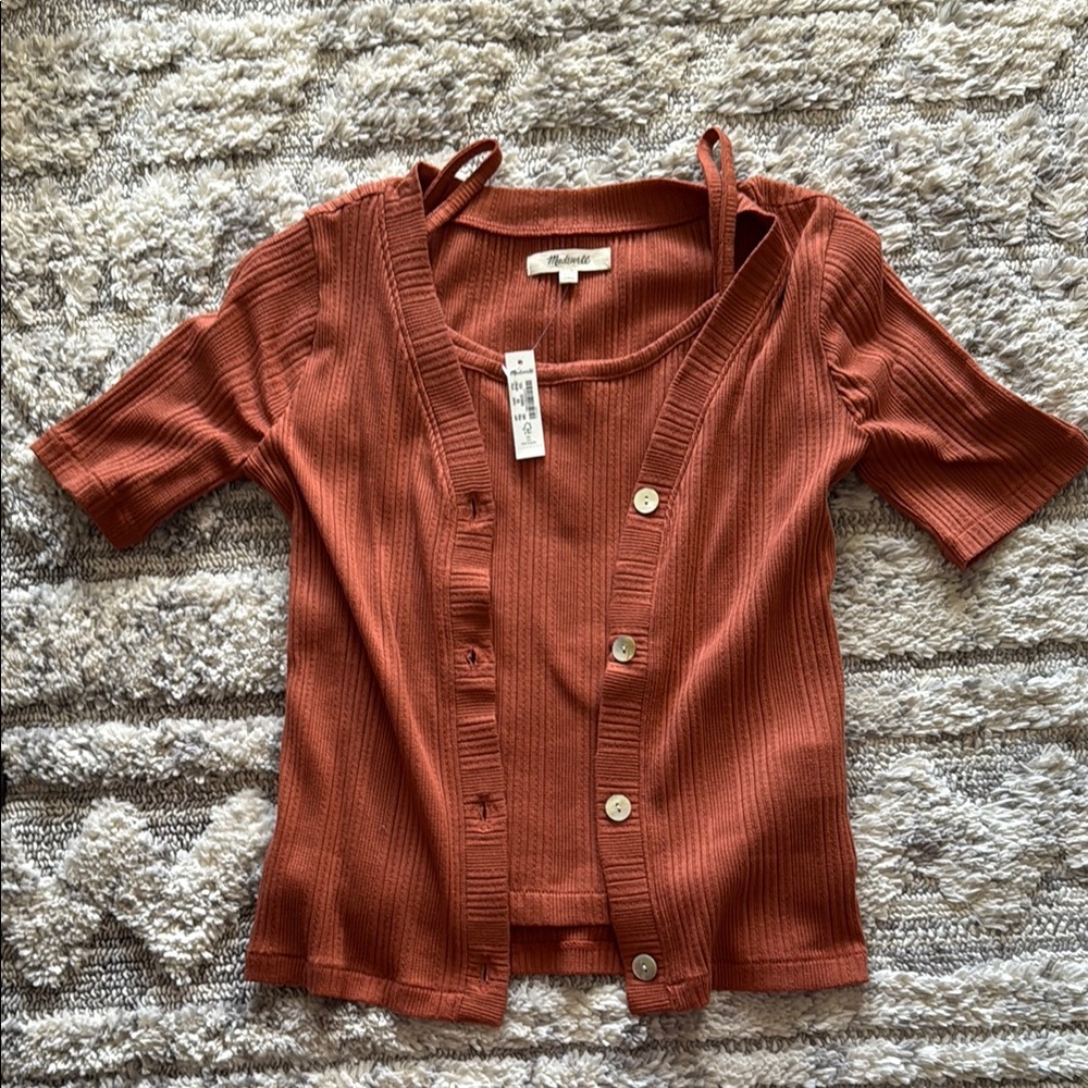 Madewell Rust Ribbed Short Sleeve Cardigan Set nwot